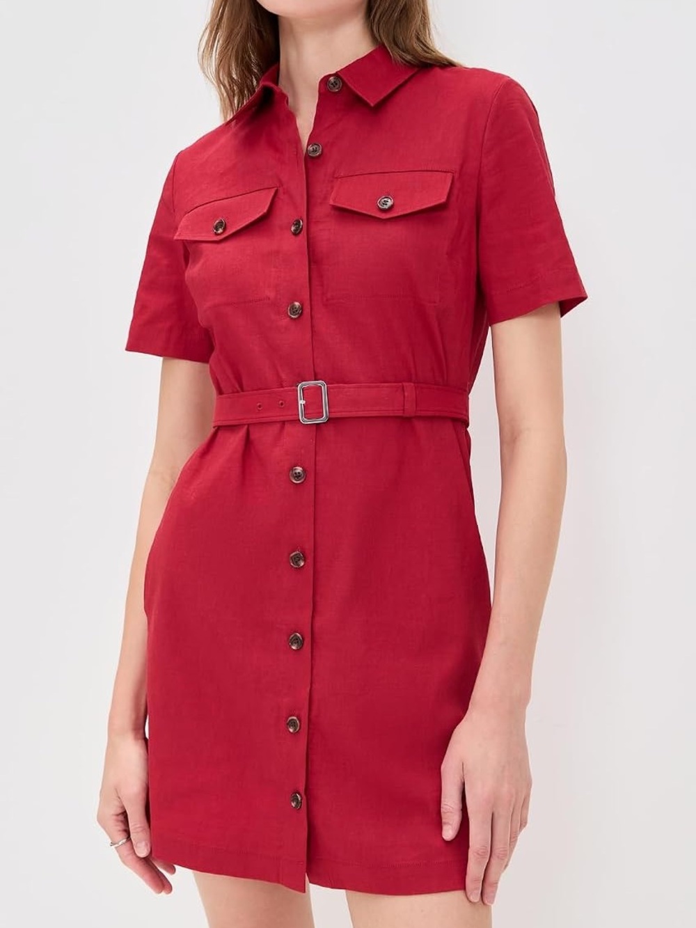 Theory good linen belted button front shirt mini dress - Red 💜